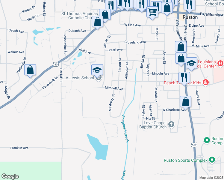map of restaurants, bars, coffee shops, grocery stores, and more near 1400-1412 Mayberry Street in Ruston
