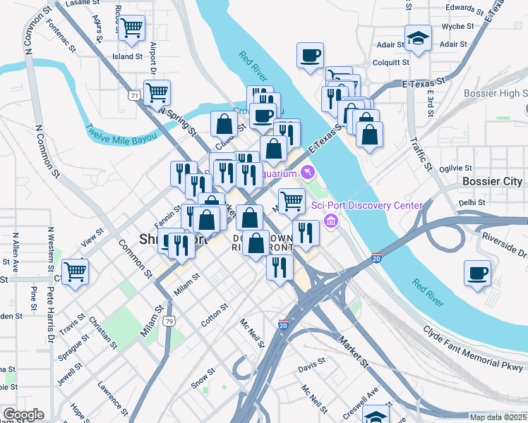 map of restaurants, bars, coffee shops, grocery stores, and more near 525 Spring Street in Shreveport