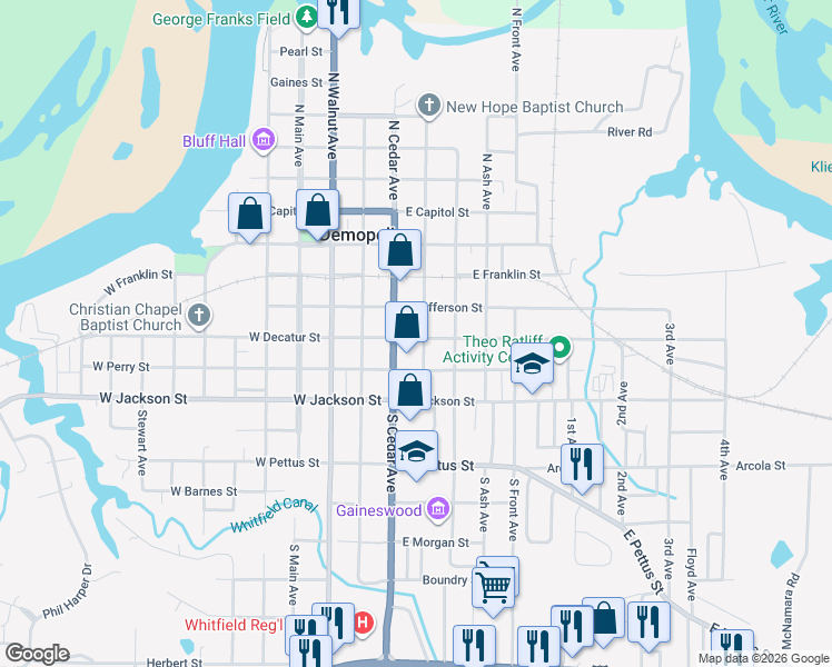 map of restaurants, bars, coffee shops, grocery stores, and more near 301-399 South Chestnut Street in Demopolis