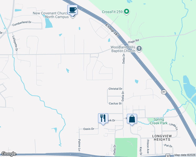 map of restaurants, bars, coffee shops, grocery stores, and more near 113 Christal Drive in Longview