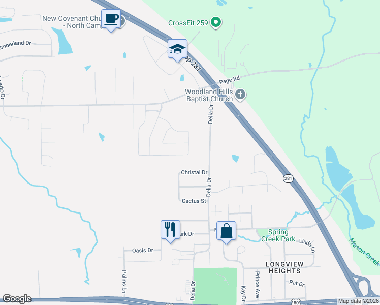 map of restaurants, bars, coffee shops, grocery stores, and more near 111 Christal Drive in Longview