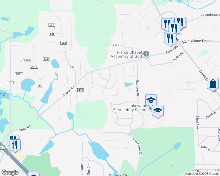 map of restaurants, bars, coffee shops, grocery stores, and more near 3105 Thornberry Circle in Phenix City