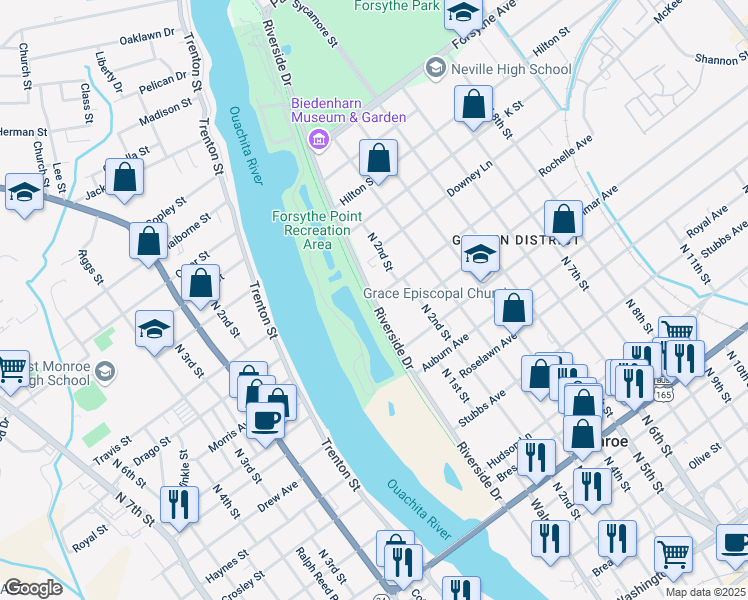 map of restaurants, bars, coffee shops, grocery stores, and more near Riverside Drive in Monroe
