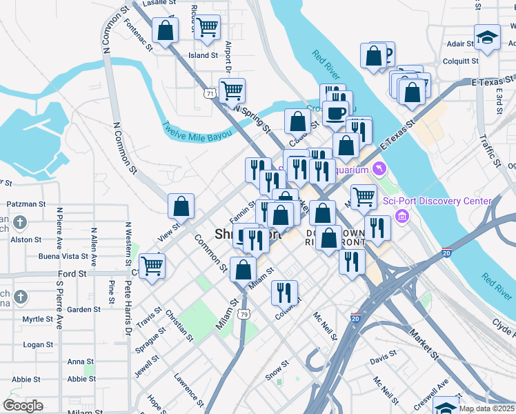 map of restaurants, bars, coffee shops, grocery stores, and more near 315 Marshall Street in Shreveport