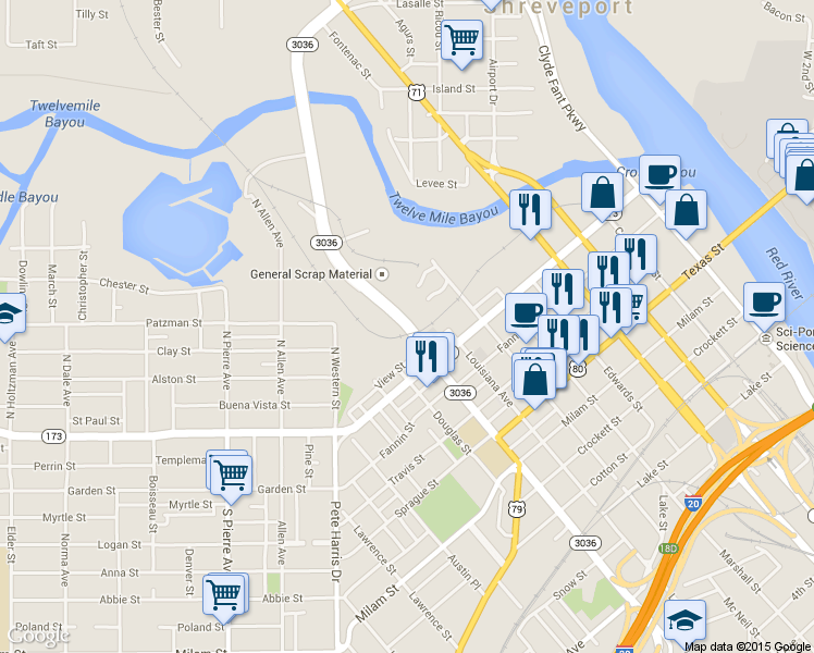 map of restaurants, bars, coffee shops, grocery stores, and more near Highway 3036 in Shreveport