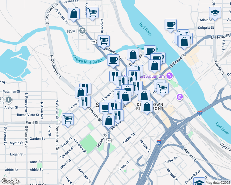 map of restaurants, bars, coffee shops, grocery stores, and more near 315 Marshall Street in Shreveport