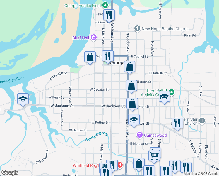 map of restaurants, bars, coffee shops, grocery stores, and more near 301-399 South Main Avenue in Demopolis