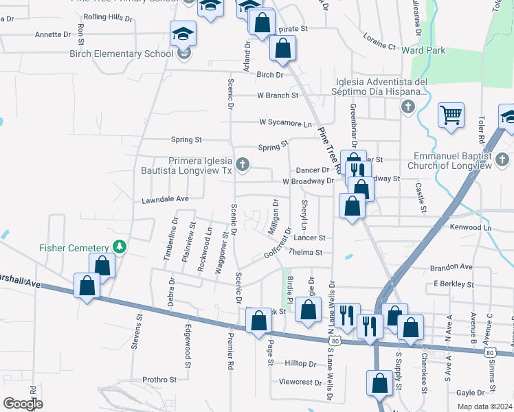 map of restaurants, bars, coffee shops, grocery stores, and more near 105 Thelma Ct in Longview