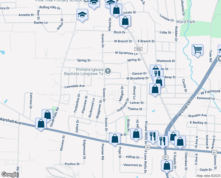 map of restaurants, bars, coffee shops, grocery stores, and more near 105 Thelma Ct in Longview
