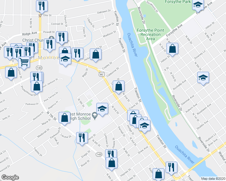map of restaurants, bars, coffee shops, grocery stores, and more near 1800 Louisiana 15 in West Monroe