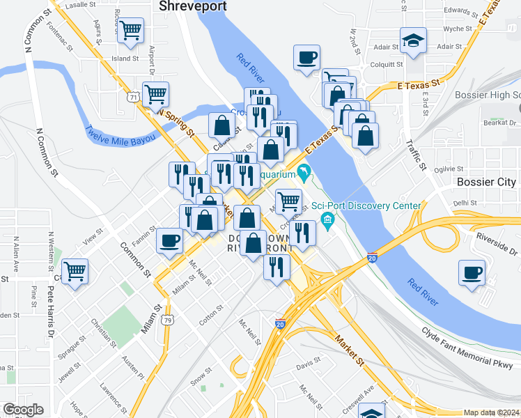 map of restaurants, bars, coffee shops, grocery stores, and more near 525 Spring Street in Shreveport