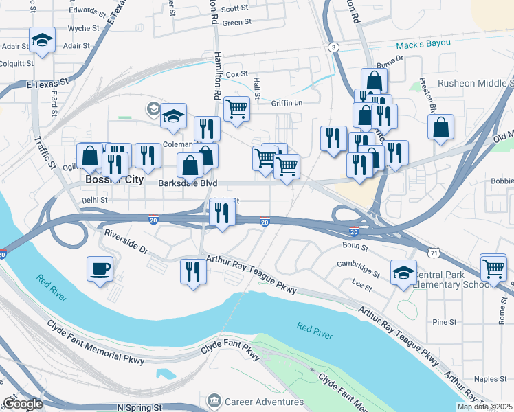 map of restaurants, bars, coffee shops, grocery stores, and more near 127 Westerfield Street in Bossier City