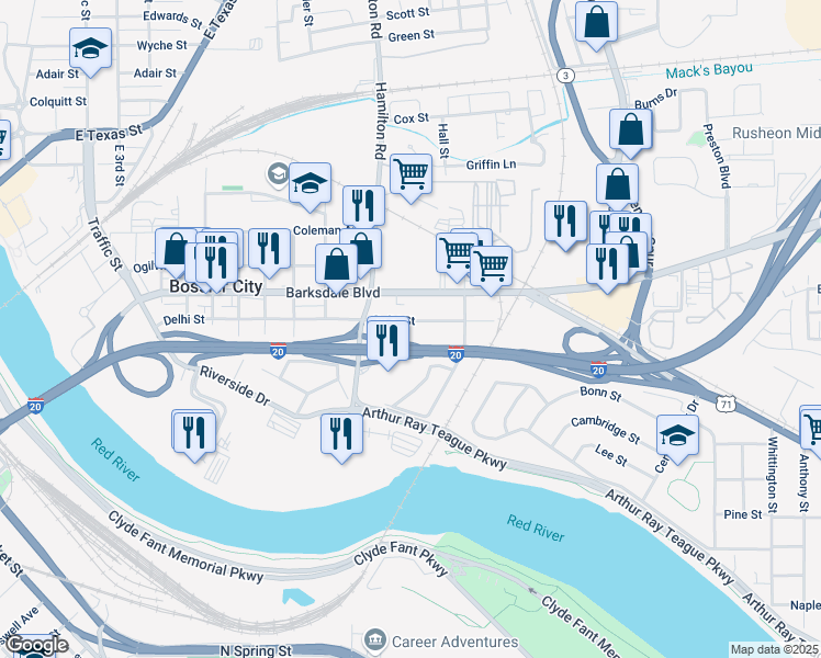 map of restaurants, bars, coffee shops, grocery stores, and more near 1246 Delhi Street in Bossier City