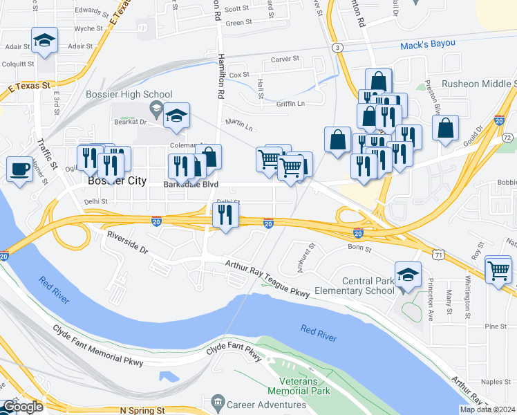 map of restaurants, bars, coffee shops, grocery stores, and more near 1272 1/2 Delhi Street in Bossier City