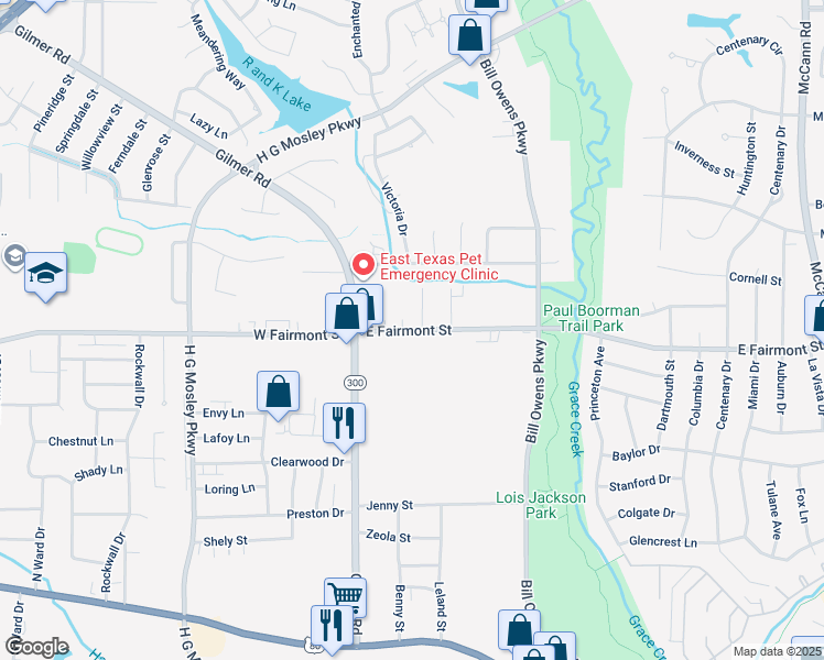 map of restaurants, bars, coffee shops, grocery stores, and more near 1615 East Fairmont Street in Longview
