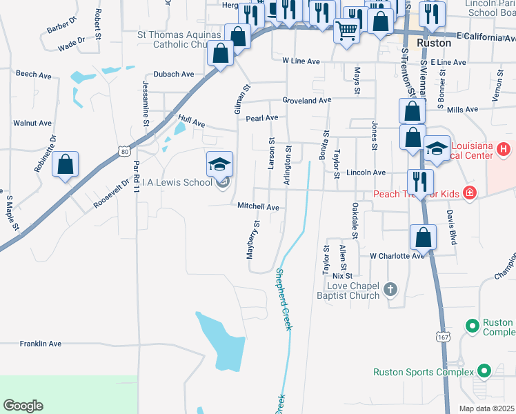 map of restaurants, bars, coffee shops, grocery stores, and more near 1412 Mayberry Street in Ruston
