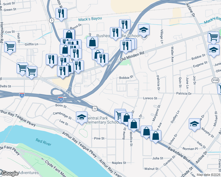 map of restaurants, bars, coffee shops, grocery stores, and more near 2201 Loreco Street in Bossier City