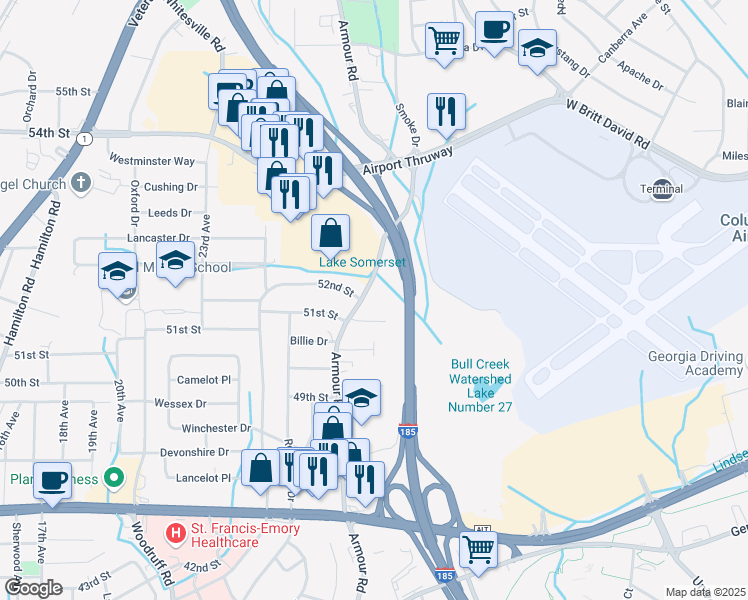 map of restaurants, bars, coffee shops, grocery stores, and more near 5100 Armour Road in Columbus