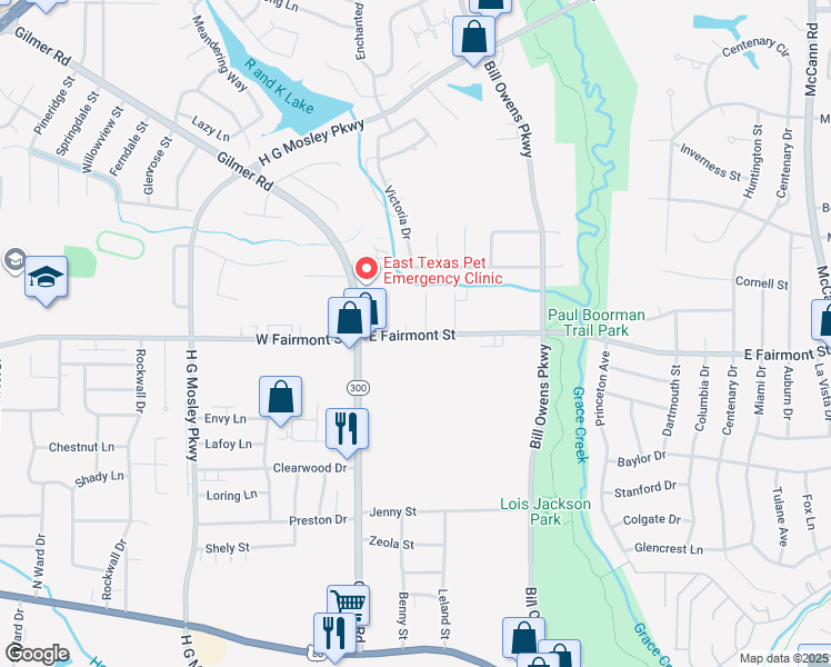 map of restaurants, bars, coffee shops, grocery stores, and more near 614 Gilmer Road in Longview