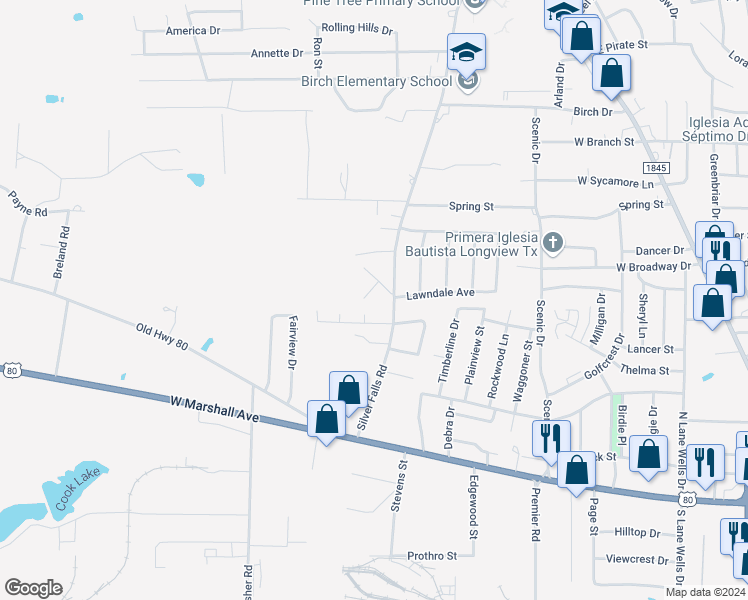 map of restaurants, bars, coffee shops, grocery stores, and more near 604 Lauren Court in Longview