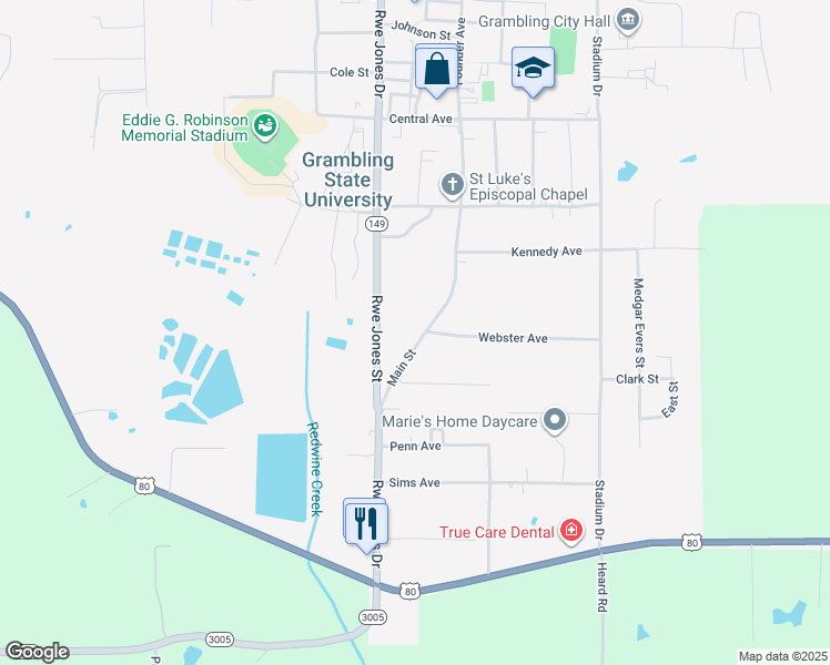 map of restaurants, bars, coffee shops, grocery stores, and more near 670 Main Street in Grambling