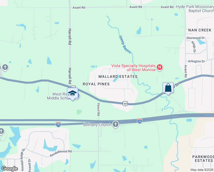 map of restaurants, bars, coffee shops, grocery stores, and more near 118 Teal Loop in West Monroe
