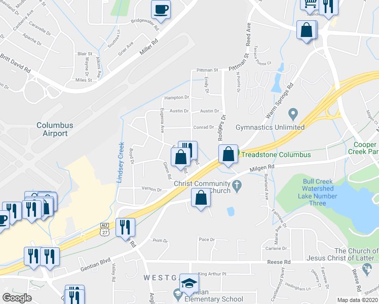 map of restaurants, bars, coffee shops, grocery stores, and more near 5223 Moon Road in Columbus
