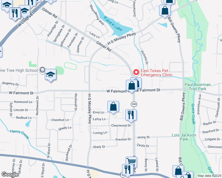 map of restaurants, bars, coffee shops, grocery stores, and more near in Longview