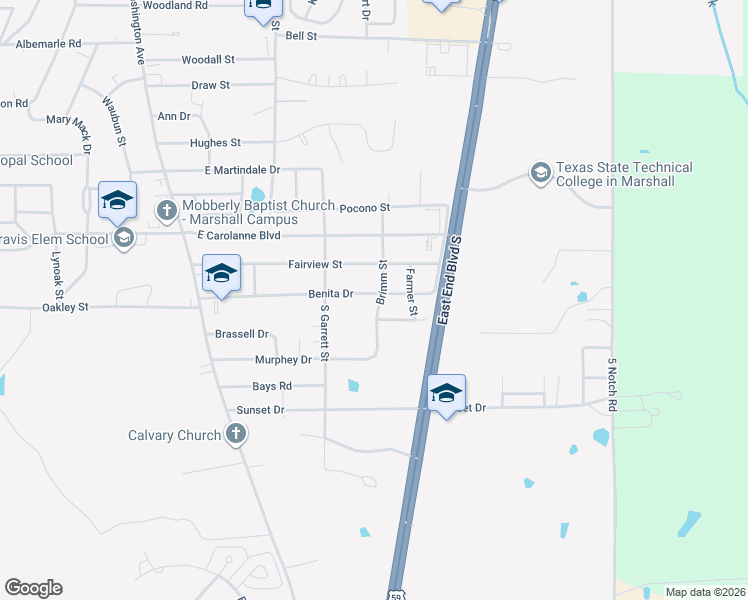 map of restaurants, bars, coffee shops, grocery stores, and more near 3439 Brimm Street in Marshall