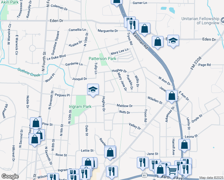 map of restaurants, bars, coffee shops, grocery stores, and more near 1207 Nancy Circle in Longview