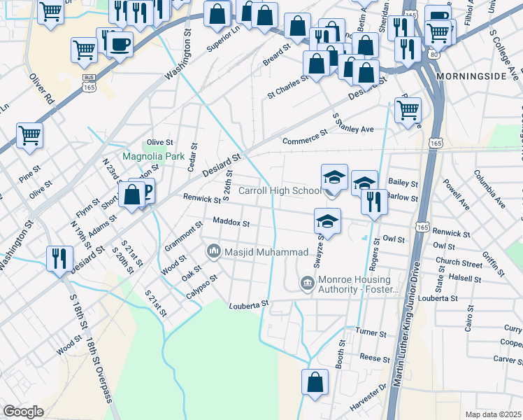 map of restaurants, bars, coffee shops, grocery stores, and more near 2707 Maddox Street in Monroe