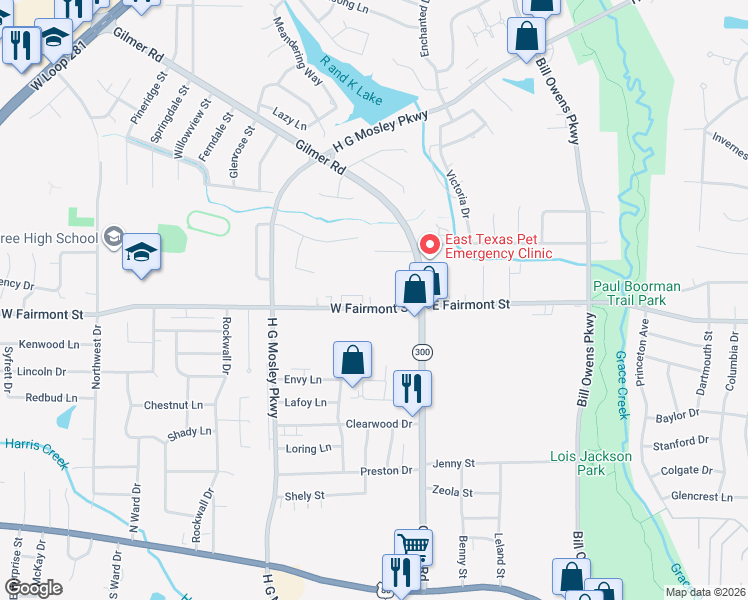map of restaurants, bars, coffee shops, grocery stores, and more near in Longview