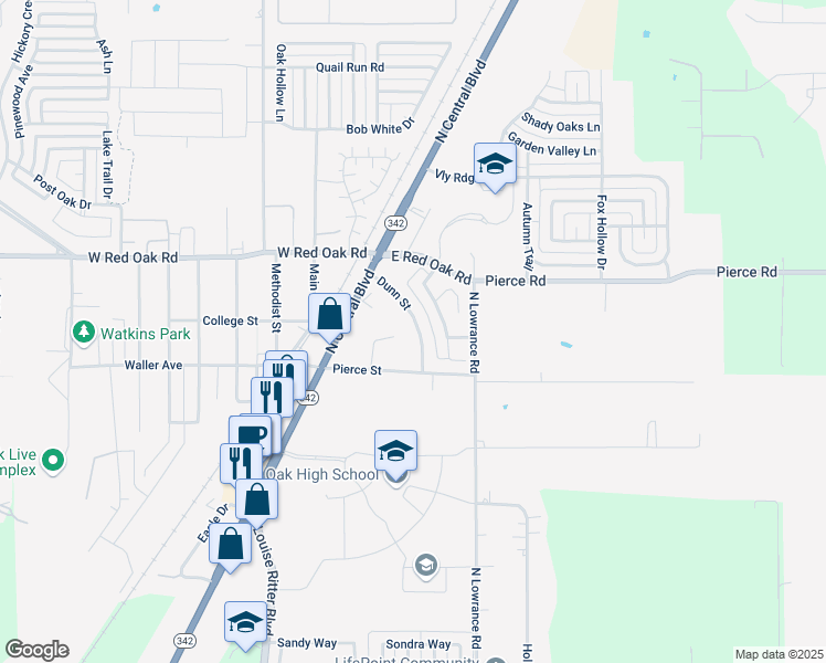 map of restaurants, bars, coffee shops, grocery stores, and more near 119 Dunn Street in Red Oak