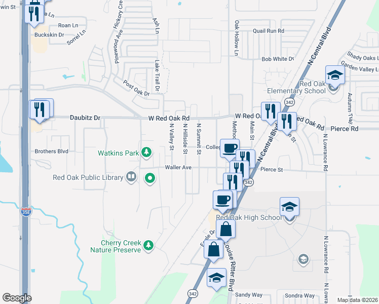 map of restaurants, bars, coffee shops, grocery stores, and more near 200n North Hillside Street in Red Oak