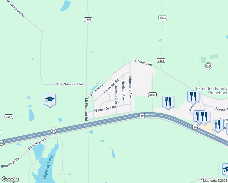 map of restaurants, bars, coffee shops, grocery stores, and more near 358 Redbud Avenue in Hallsville