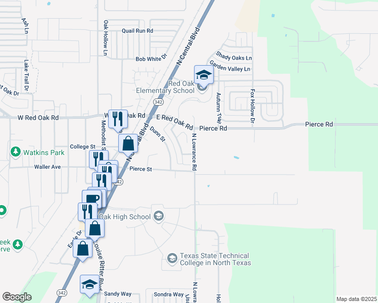 map of restaurants, bars, coffee shops, grocery stores, and more near 205 Buttercup Way in Red Oak