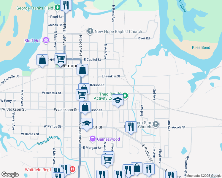 map of restaurants, bars, coffee shops, grocery stores, and more near 119 South Ash Avenue in Demopolis