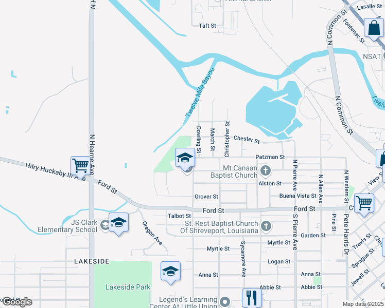 map of restaurants, bars, coffee shops, grocery stores, and more near 1915 Patzman Street in Shreveport