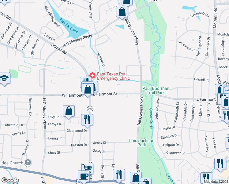 map of restaurants, bars, coffee shops, grocery stores, and more near 807 Faircreek Lane in Longview