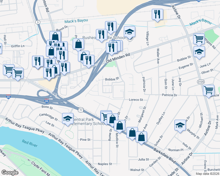 map of restaurants, bars, coffee shops, grocery stores, and more near 204 Royal Street in Bossier City