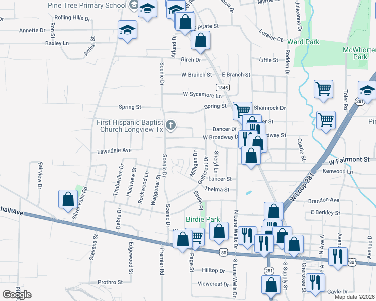 map of restaurants, bars, coffee shops, grocery stores, and more near 506 West Broadway Drive in Longview