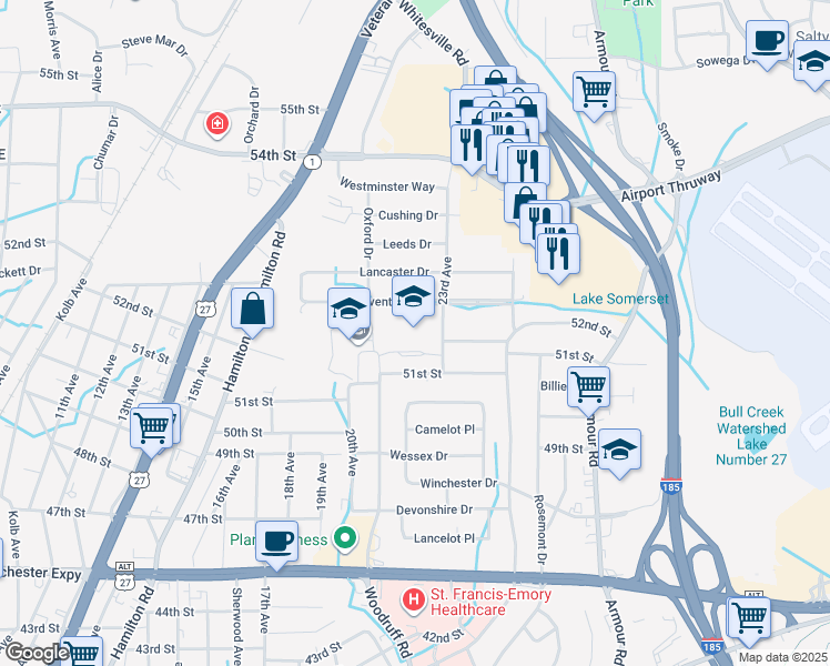 map of restaurants, bars, coffee shops, grocery stores, and more near 5201 23rd Avenue in Columbus