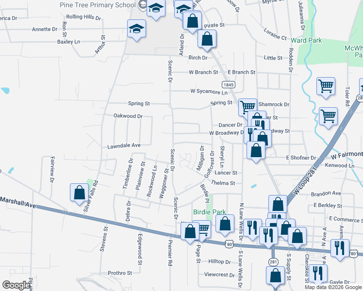 map of restaurants, bars, coffee shops, grocery stores, and more near 506 West Broadway Drive in Longview