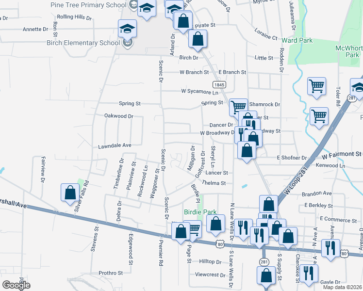 map of restaurants, bars, coffee shops, grocery stores, and more near 506 West Broadway Drive in Longview