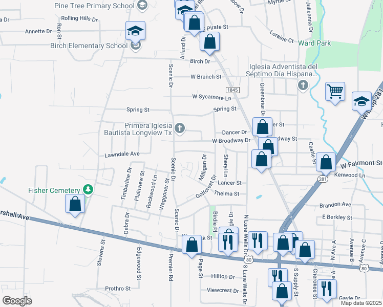 map of restaurants, bars, coffee shops, grocery stores, and more near 506 West Broadway Drive in Longview