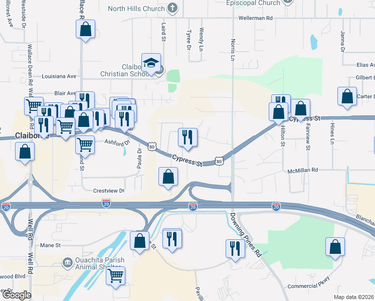 map of restaurants, bars, coffee shops, grocery stores, and more near 4624 Cypress Street in West Monroe