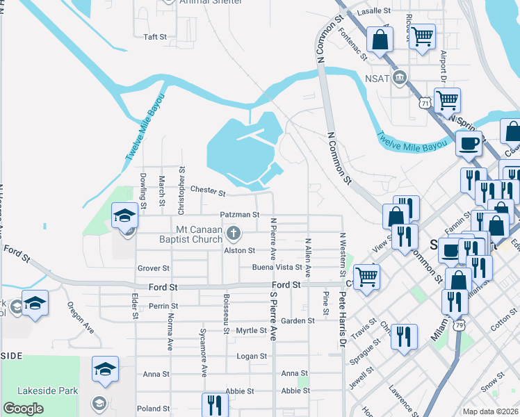 map of restaurants, bars, coffee shops, grocery stores, and more near 532 North Pierre Avenue in Shreveport