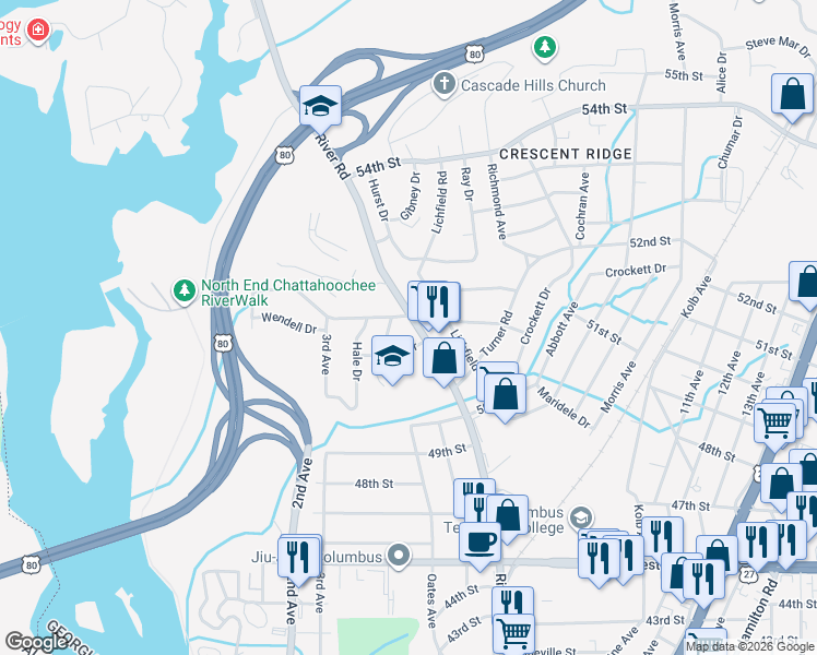 map of restaurants, bars, coffee shops, grocery stores, and more near 5087 River Road in Columbus