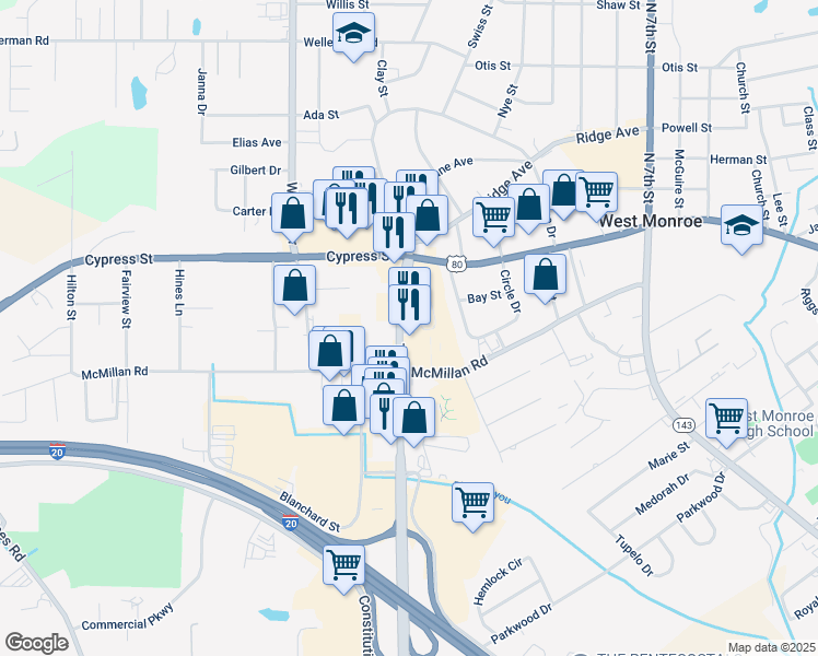 map of restaurants, bars, coffee shops, grocery stores, and more near 107 Thomas Road in West Monroe
