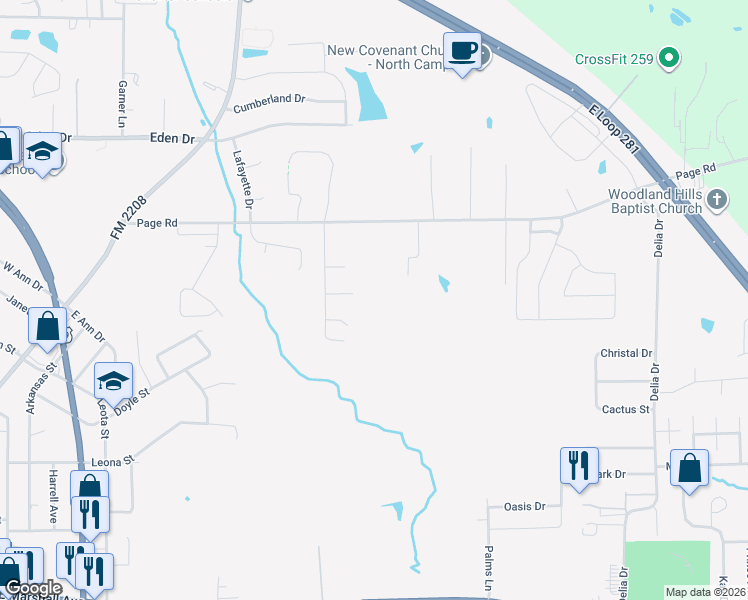map of restaurants, bars, coffee shops, grocery stores, and more near 2318 Page Road in Longview